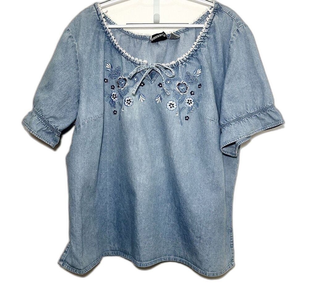 Boho Chambray Embroidered Peasant Blouse Tie Neck Cottagecore 1X 2X